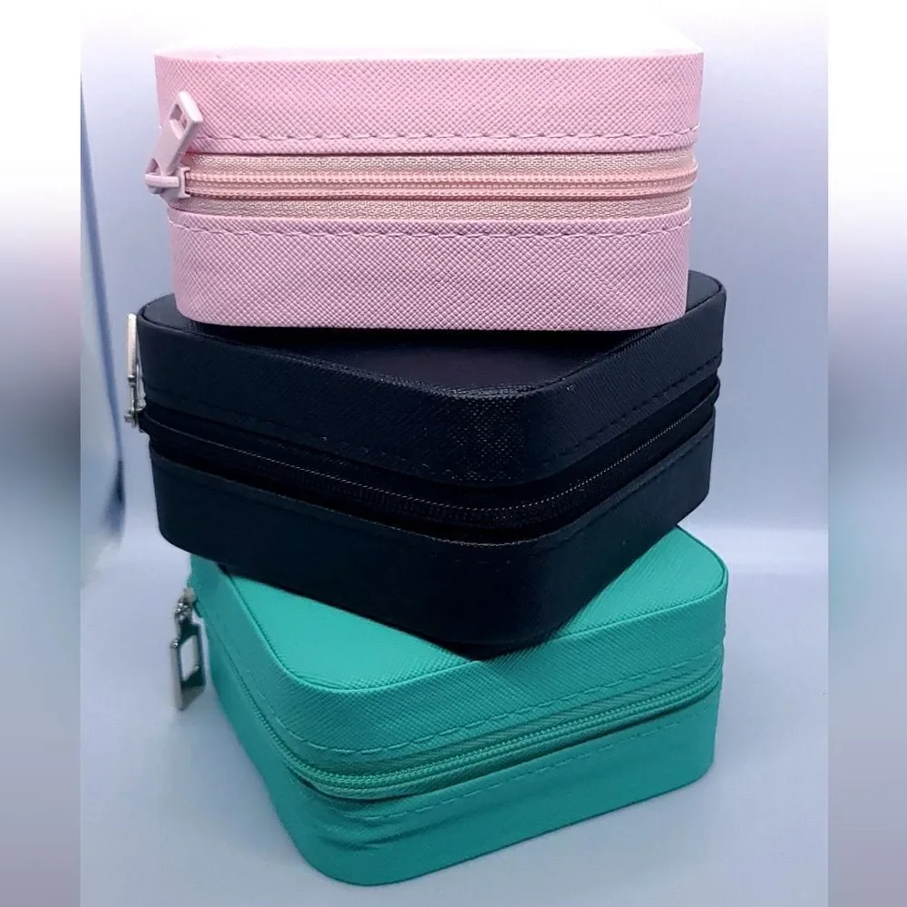 Black Travel Jewelry Box Faux Leather Zipper Organizer Case Mini Portable Square